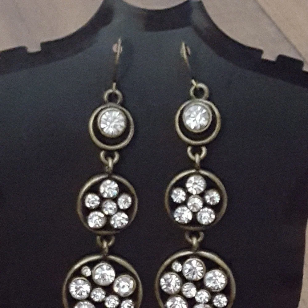Antique Brass Tiered‎ Rhinestone Circle Drop Earrings Dangle Y2K